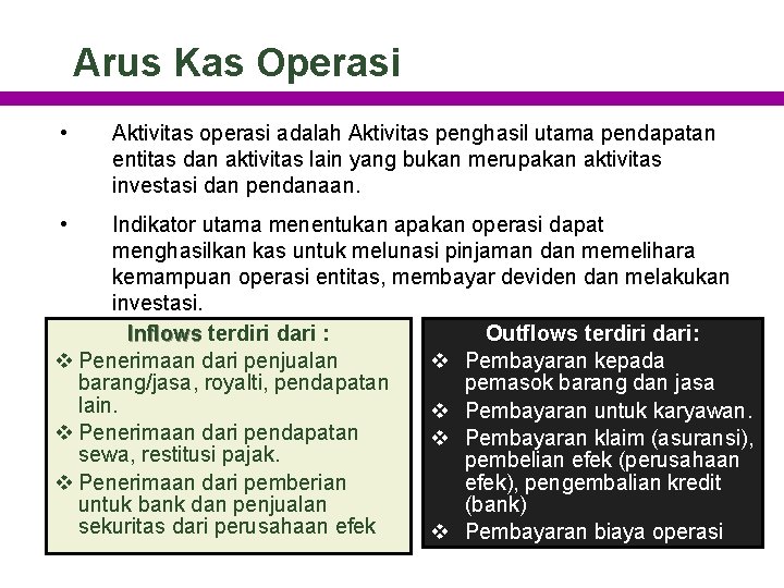 Arus Kas Operasi • • Aktivitas operasi adalah Aktivitas penghasil utama pendapatan entitas dan