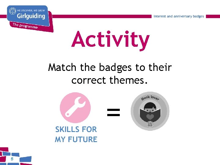 Activity Match the badges to their correct themes. = 5 