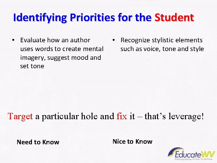 Identifying Priorities for the Student • Recognize stylistic elements • Evaluate how an author