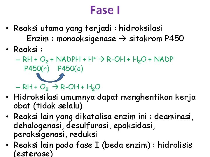 Fase I • Reaksi utama yang terjadi : hidroksilasi Enzim : monooksigenase sitokrom P