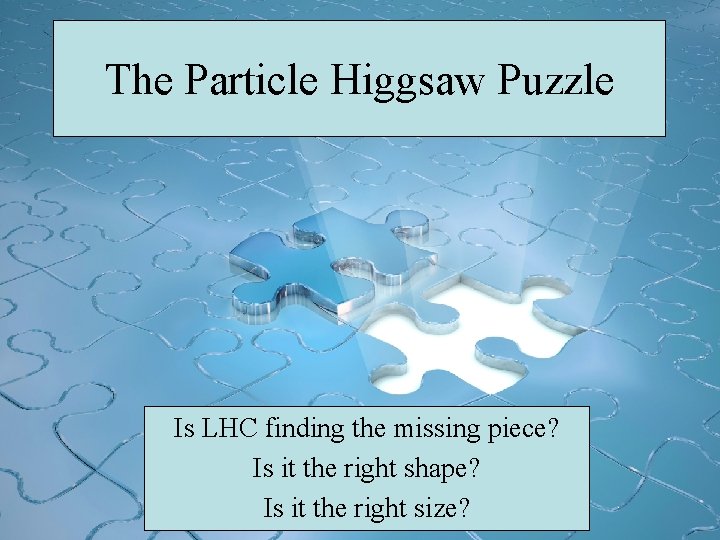 The Particle Higgsaw Puzzle Is LHC finding the missing piece? Is it the right