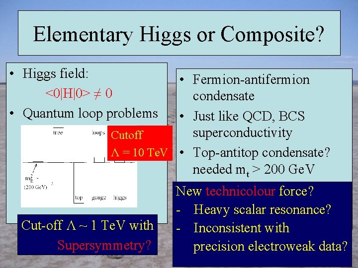 Elementary Higgs or Composite? • Higgs field: <0|H|0> ≠ 0 • Quantum loop problems