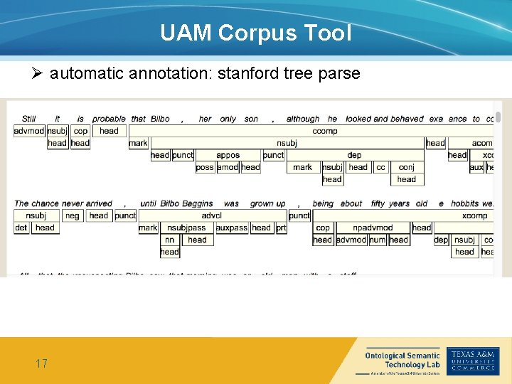 UAM Corpus Tool Ø automatic annotation: stanford tree parse 17 