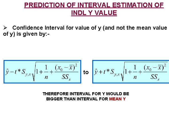 PREDICTION OF INTERVAL ESTIMATION OF INDL Y VALUE Ø Confidence Interval for value of