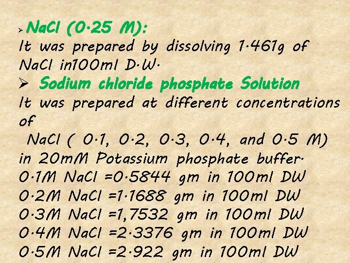 Na. Cl (0. 25 M): It was prepared by dissolving 1. 461 g of