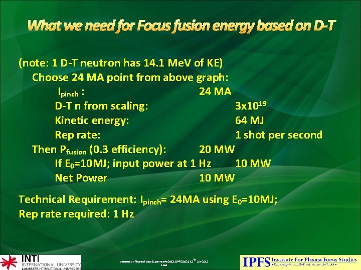 What we need for Focus fusion energy based on D-T (note: 1 D-T neutron