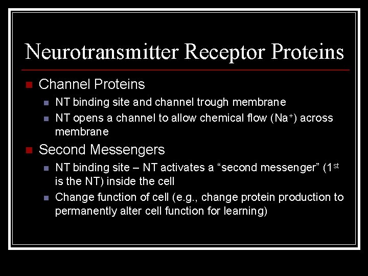 Neurotransmitter Receptor Proteins n Channel Proteins n n n NT binding site and channel