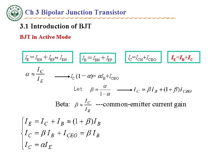 Ch 3 Bipolar Junction Transistor 3. 1 Introduction of BJT in Active Mode IE＝IEN＋IEP