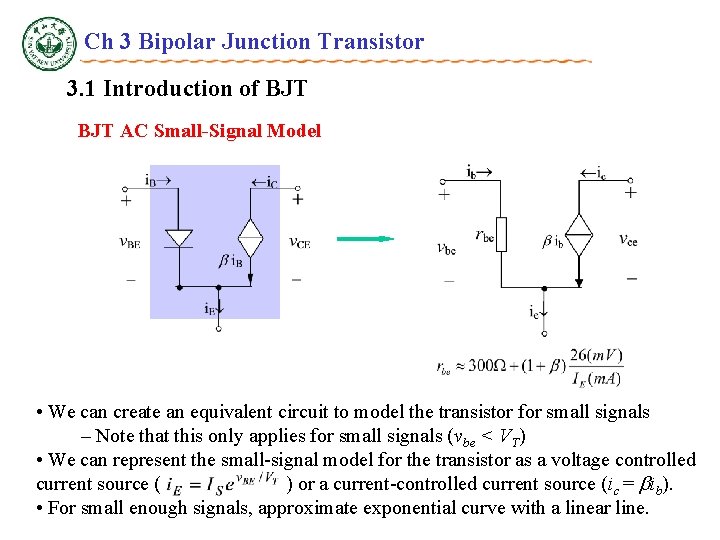Ch 3 Bipolar Junction Transistor 3. 1 Introduction of BJT AC Small-Signal Model •