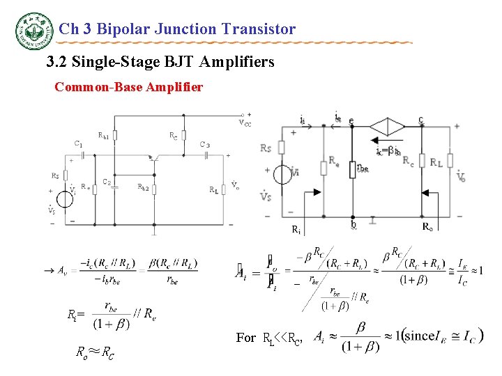 Ch 3 Bipolar Junction Transistor 3. 2 Single-Stage BJT Amplifiers Common-Base Amplifier Ri= Ro≈RC