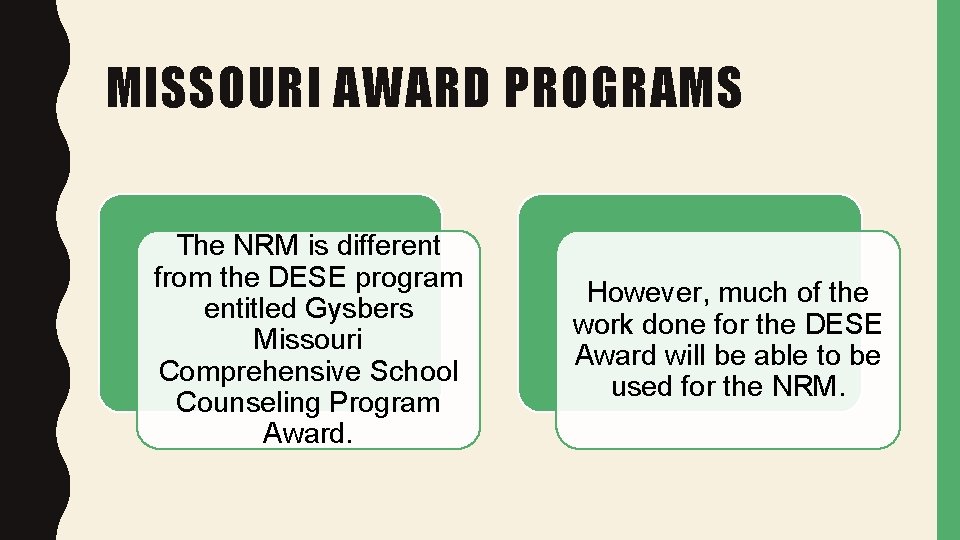 MISSOURI AWARD PROGRAMS The NRM is different from the DESE program entitled Gysbers Missouri