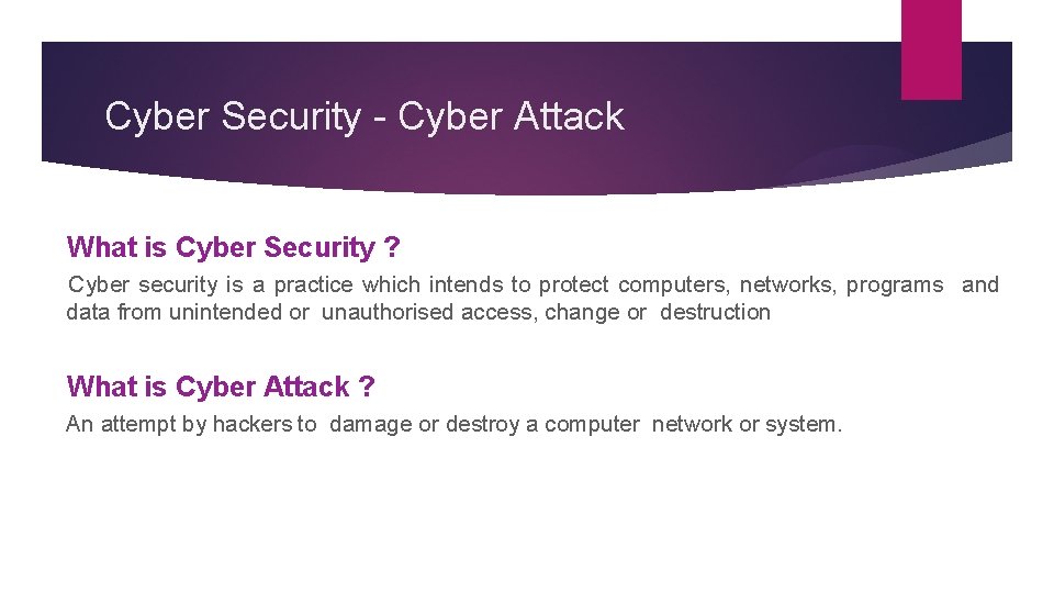 Cyber Security - Cyber Attack What is Cyber Security ? Cyber security is a