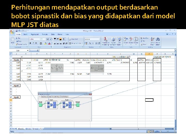 Perhitungan mendapatkan output berdasarkan bobot sipnastik dan bias yang didapatkan dari model MLP JST