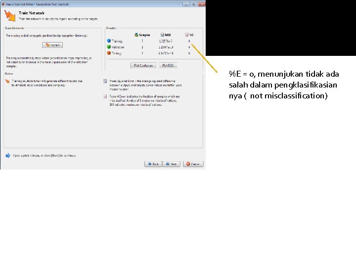 %E = 0, menunjukan tidak ada salah dalam pengklasifikasian nya ( not misclassification) 