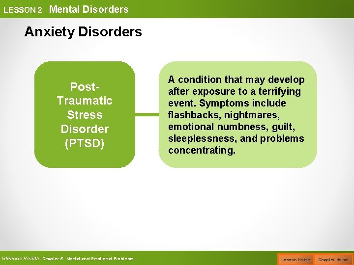 LESSON 2 Mental Disorders Anxiety Disorders Post. Traumatic Stress Disorder (PTSD) Glencoe Health Chapter