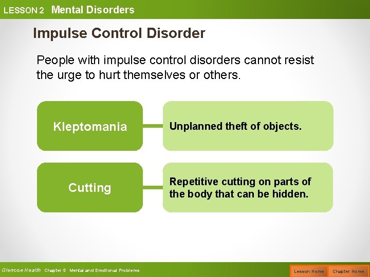 LESSON 2 Mental Disorders Impulse Control Disorder People with impulse control disorders cannot resist