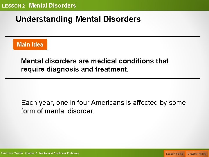 LESSON 2 Mental Disorders Understanding Mental Disorders Main Idea Mental disorders are medical conditions
