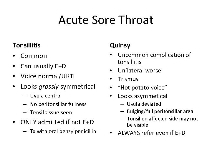 Acute Sore Throat Tonsillitis • • Common Can usually E+D Voice normal/URTI Looks grossly