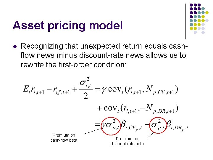 Asset pricing model l Recognizing that unexpected return equals cashflow news minus discount-rate news