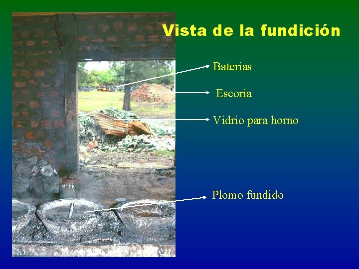 Vista de la fundición Baterías Escoria Vidrio para horno Plomo fundido 