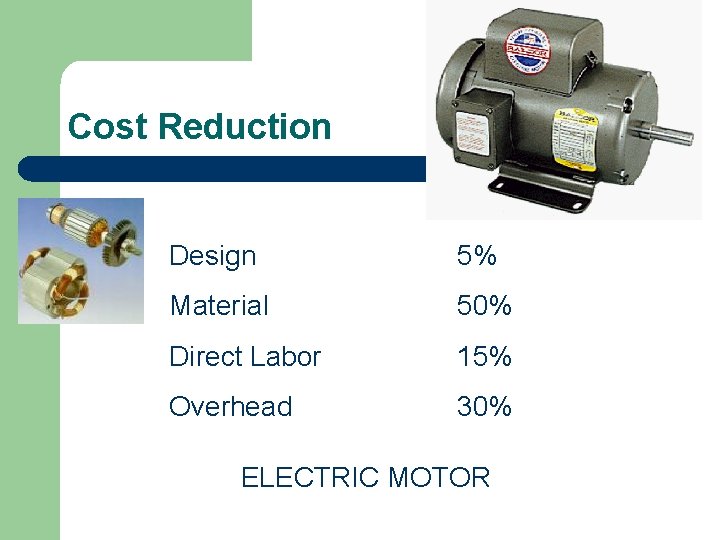 Cost Reduction Design 5% Material 50% Direct Labor 15% Overhead 30% ELECTRIC MOTOR 