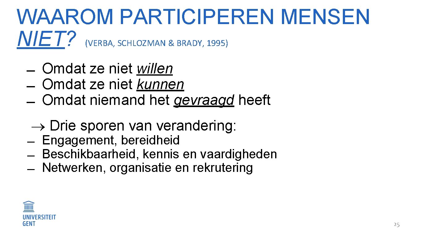 WAAROM PARTICIPEREN MENSEN NIET? (VERBA, SCHLOZMAN & BRADY, 1995) Omdat ze niet willen Omdat