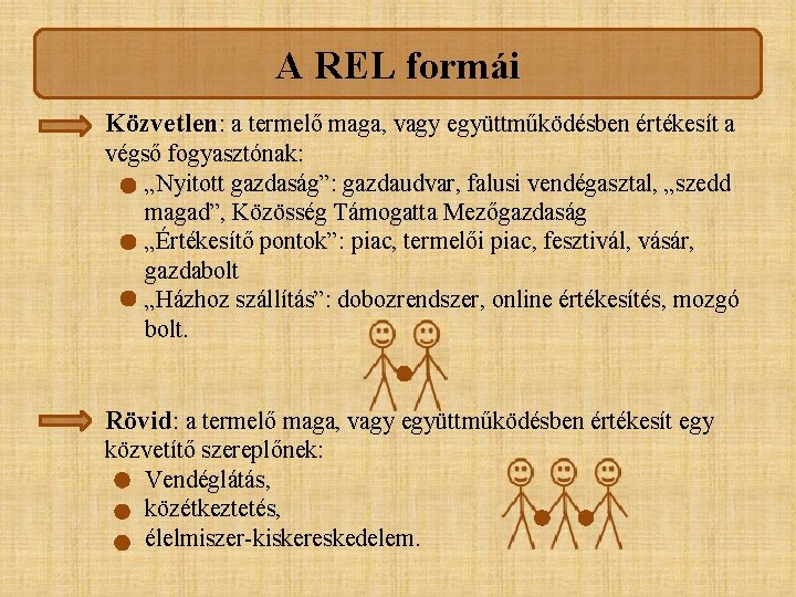 A REL formái Közvetlen: a termelő maga, vagy együttműködésben értékesít a végső fogyasztónak: „Nyitott