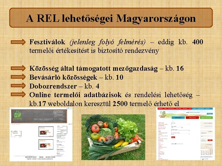 A REL lehetőségei Magyarországon Fesztiválok (jelenleg folyó felmérés) – eddig kb. 400 termelői értékesítést