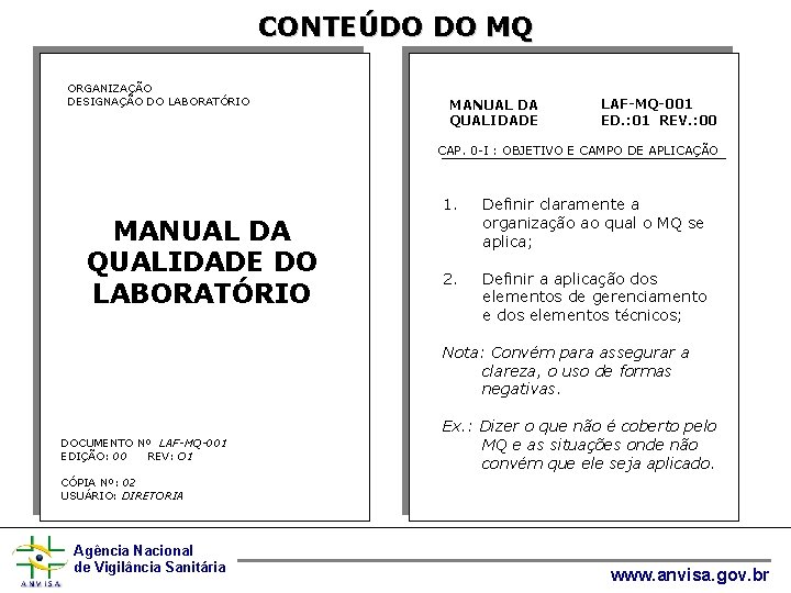 CONTEÚDO DO MQ ORGANIZAÇÃO DESIGNAÇÃO DO LABORATÓRIO MANUAL DA QUALIDADE LAF-MQ-001 ED. : 01