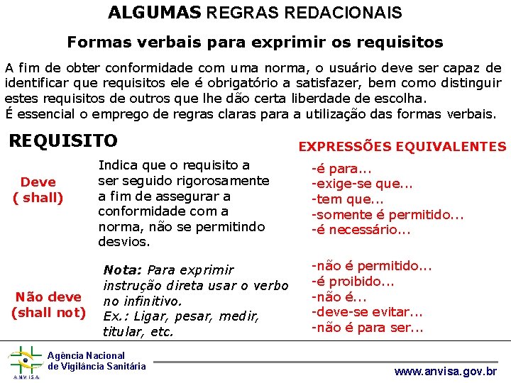 ALGUMAS REGRAS REDACIONAIS Formas verbais para exprimir os requisitos A fim de obter conformidade