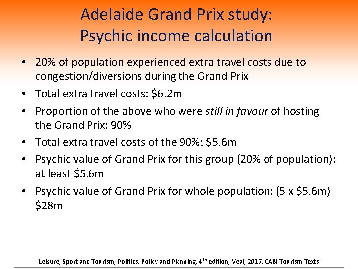 Adelaide Grand Prix study: Psychic income calculation • 20% of population experienced extra travel