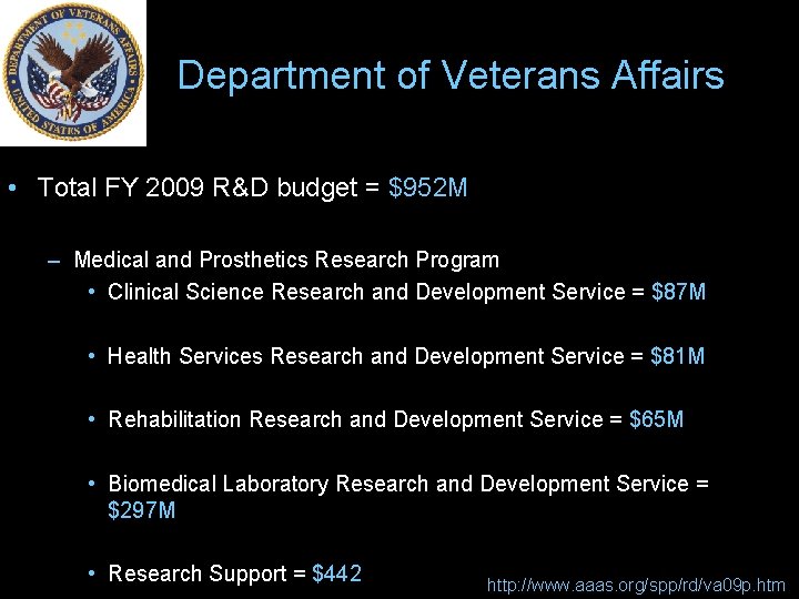 Department of Veterans Affairs • Total FY 2009 R&D budget = $952 M –