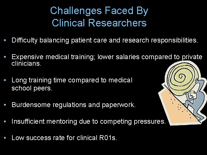 Challenges Faced By Clinical Researchers • Difficulty balancing patient care and research responsibilities. •