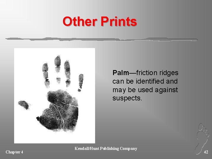 Other Prints Palm—friction ridges can be identified and may be used against suspects. Chapter