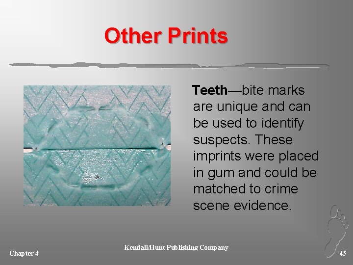 Other Prints Teeth—bite marks are unique and can be used to identify suspects. These