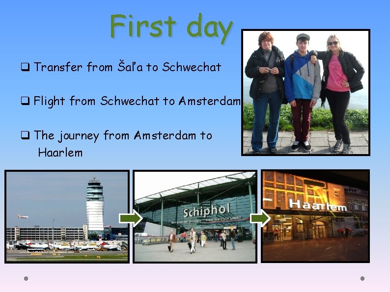 First day q Transfer from Šaľa to Schwechat q Flight from Schwechat to Amsterdam First day q Transfer from Šaľa to Schwechat q Flight from Schwechat to Amsterdam