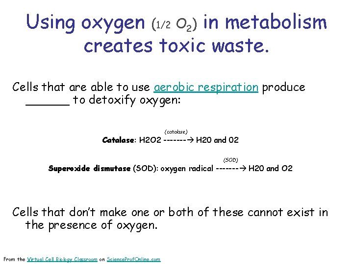 Using oxygen (1/2 O 2) in metabolism creates toxic waste. Cells that are able