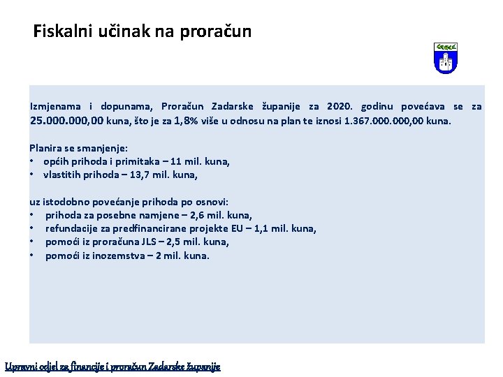 Fiskalni učinak na proračun Izmjenama i dopunama, Proračun Zadarske županije za 2020. godinu povećava