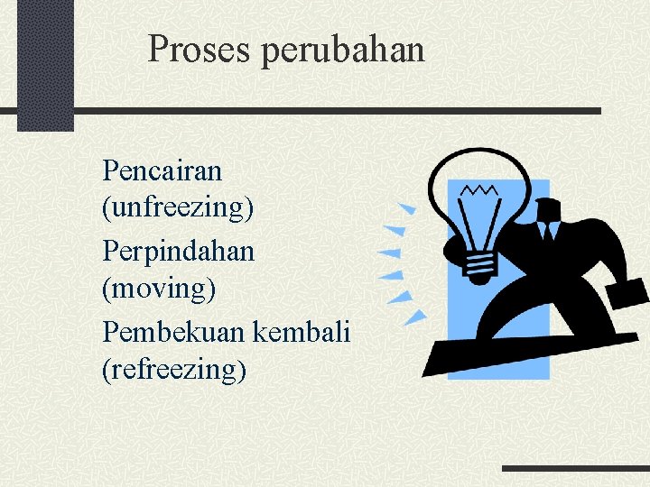 Proses perubahan Pencairan (unfreezing) Perpindahan (moving) Pembekuan kembali (refreezing) 