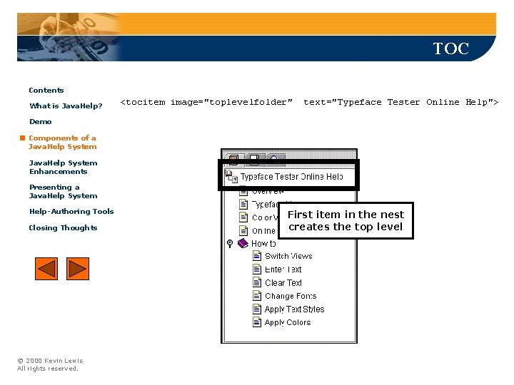 TOC Contents What is Java. Help? <tocitem image="toplevelfolder" text="Typeface Tester Online Help"> Demo Components