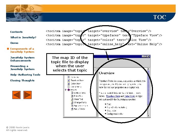 TOC Contents What is Java. Help? Demo <tocitem image="topic" target="overview" text="Overview"/> target="typefaces" text="Typeface View"/>