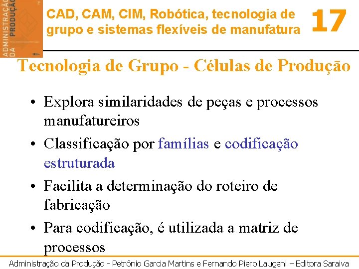 CAD, CAM, CIM, Robótica, tecnologia de grupo e sistemas flexíveis de manufatura 17 Tecnologia