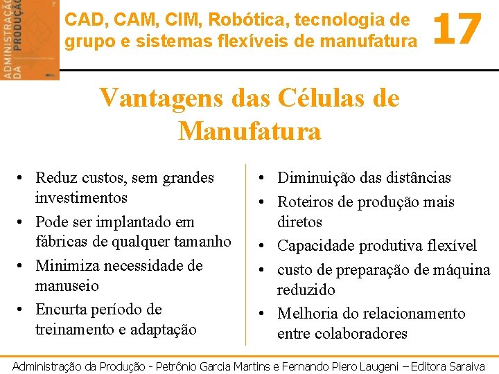 CAD, CAM, CIM, Robótica, tecnologia de grupo e sistemas flexíveis de manufatura 17 Vantagens