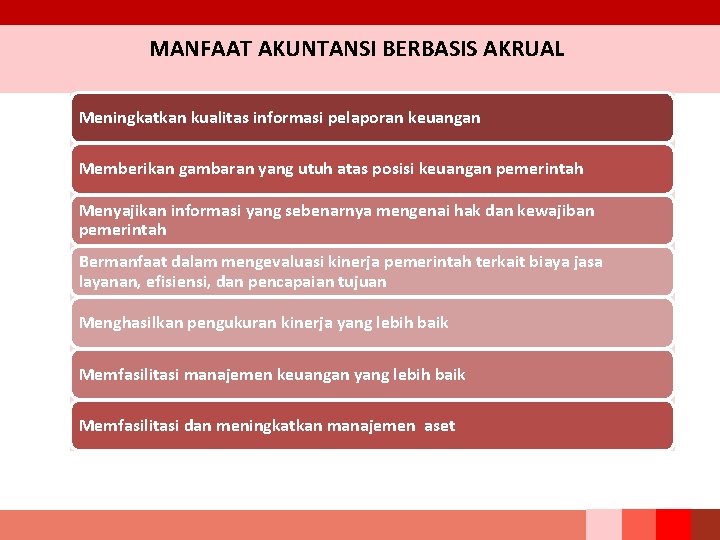 MANFAAT AKUNTANSI BERBASIS AKRUAL Meningkatkan kualitas informasi pelaporan keuangan Memberikan gambaran yang utuh atas