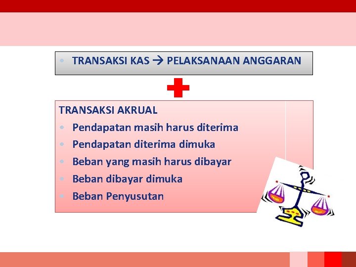  • TRANSAKSI KAS PELAKSANAAN ANGGARAN TRANSAKSI AKRUAL TRANSAKSI DALAM SAP AKRUAL • Pendapatan