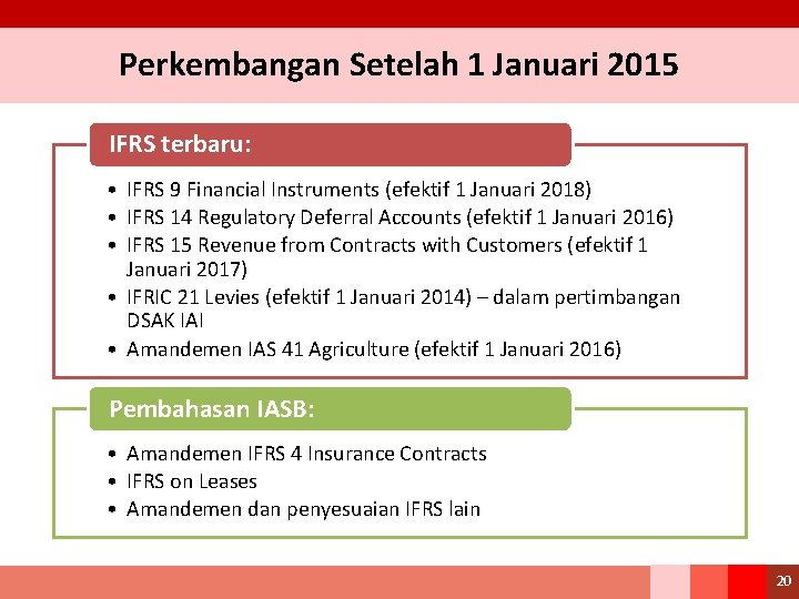 Perkembangan Setelah 1 Januari 2015 IFRS terbaru: • IFRS 9 Financial Instruments (efektif 1