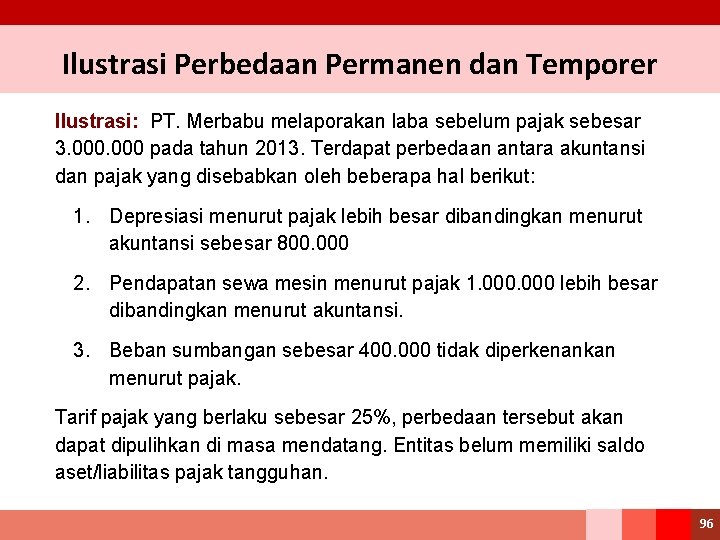 Ilustrasi Perbedaan Permanen dan Temporer Ilustrasi: PT. Merbabu melaporakan laba sebelum pajak sebesar 3.