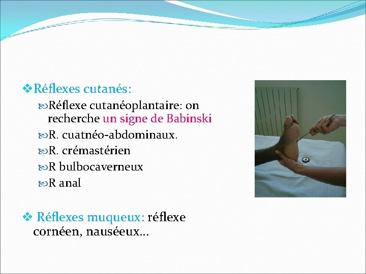 v. Réflexes cutanés: Réflexe cutanéoplantaire: on recherche un signe de Babinski R. cuatnéo-abdominaux. R.