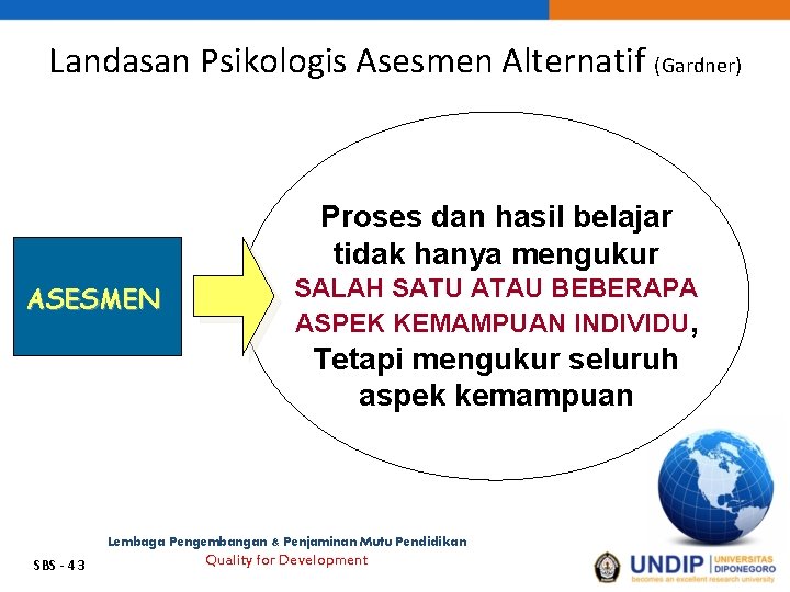 Landasan Psikologis Asesmen Alternatif (Gardner) Proses dan hasil belajar tidak hanya mengukur ASESMEN SALAH