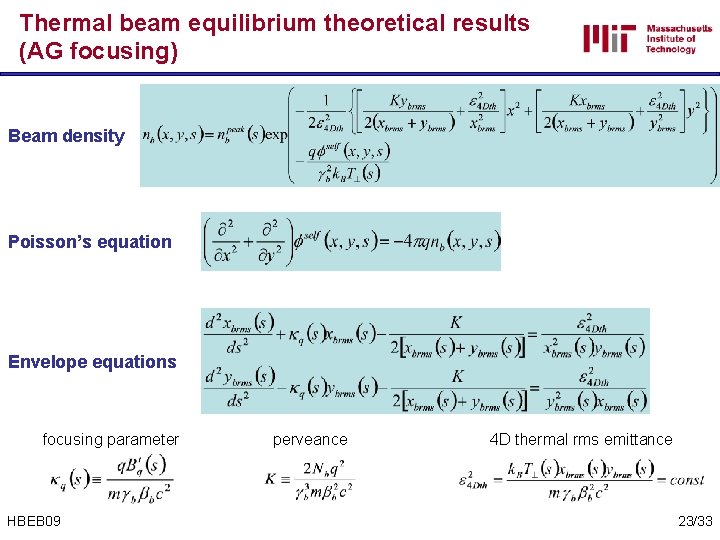 Thermal beam equilibrium theoretical results (AG focusing) Beam density Poisson’s equation Envelope equations focusing